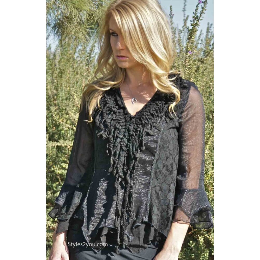 NWT PRETTY ANGEL BLACK BOLERO GYPSY BLOUSE MONTABELLO bohemian flare S-1XL tunic